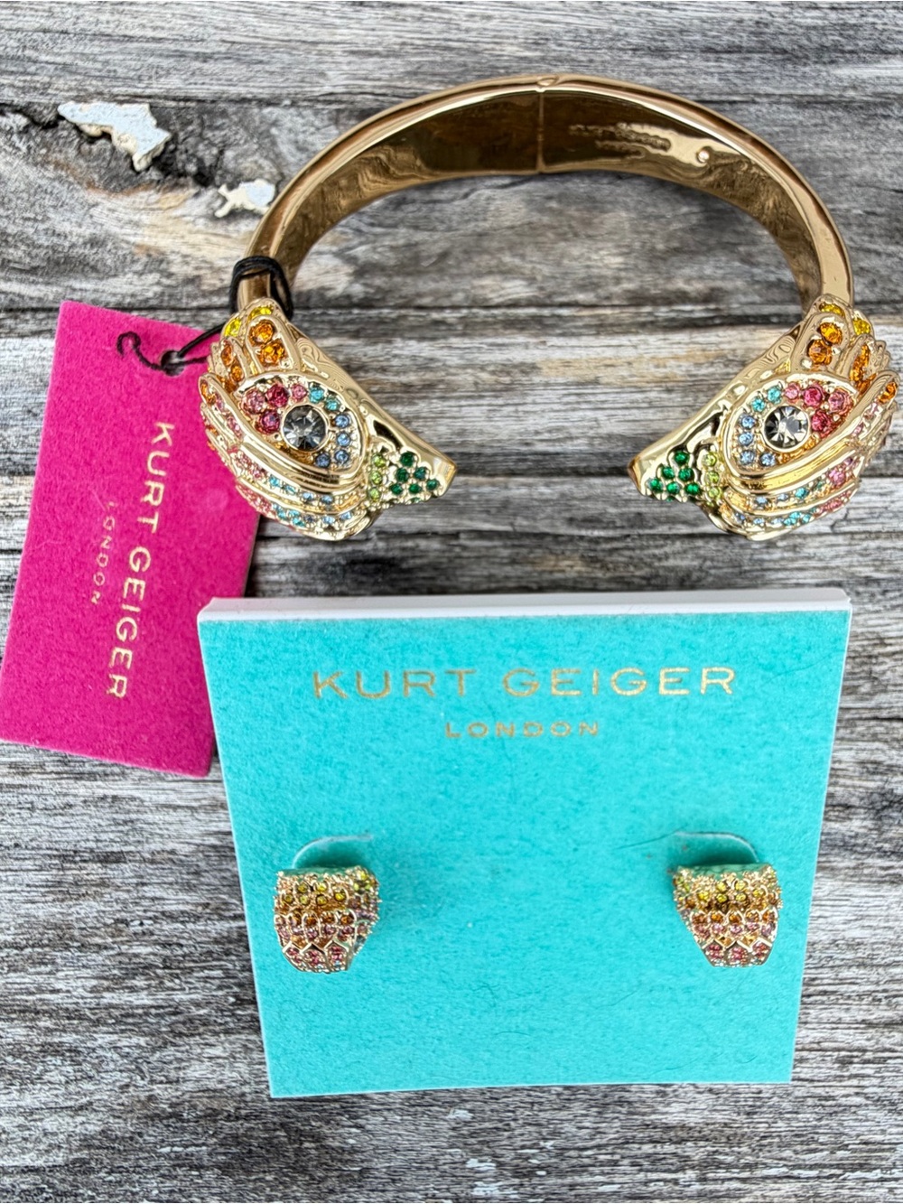 Kurt Geiger Multicolor Crystal Bangle Bracelet & Earrings Set NEW